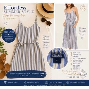 Woolrich Linen Maxi Summer Dress Small Blue‎ White Striped Excellent Condition